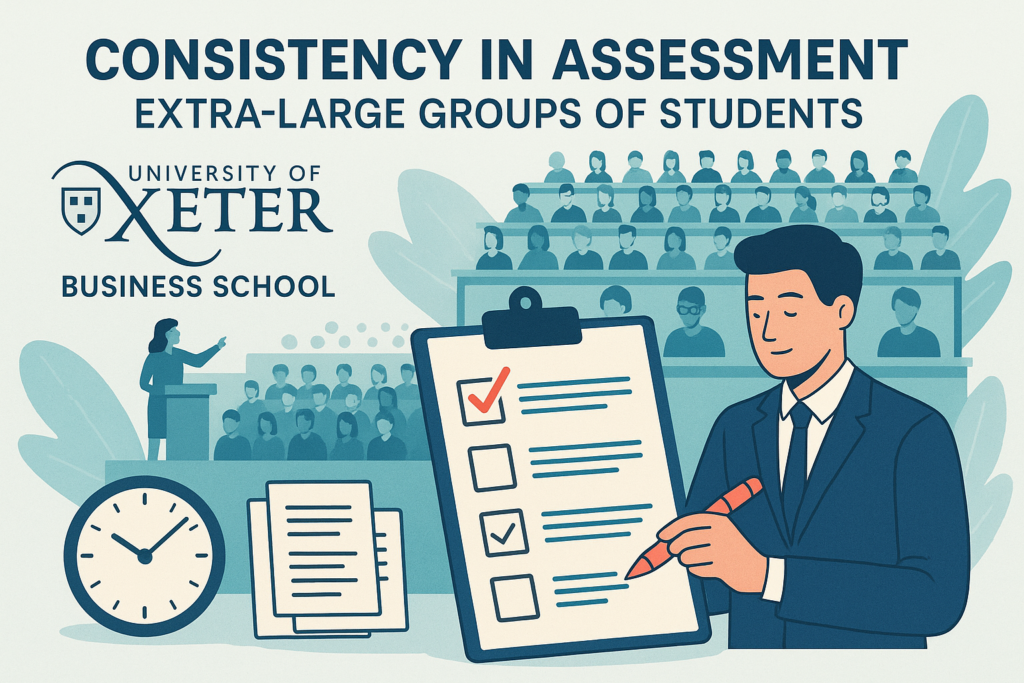 An AI generated image entitled Consistency in Assessment, It features images of students in a lecture theatre, foregrounded by a teacher ticking a checklist. There is a small image of a clock in the left foreground.