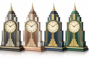  Art Deco-style clock designs in four colourways, black and silver, rose gold, navy and gold, and green and gold, shown side by side against a light background. Each clock has a cream round face set into a stepped skyscraper-shaped case with metallic detailing. 