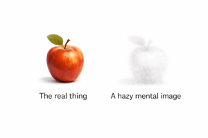 Comparison image showing a detailed red apple with the caption “The real thing” on the left, and a faint, blurry grey outline of an apple with the caption “A hazy mental image” on the right. 
