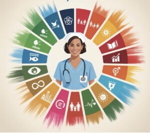 An AI generated image with the icons for the 17 United Nations Sustainable Development Goals positioned in a circle around a nurse or healthcare professional