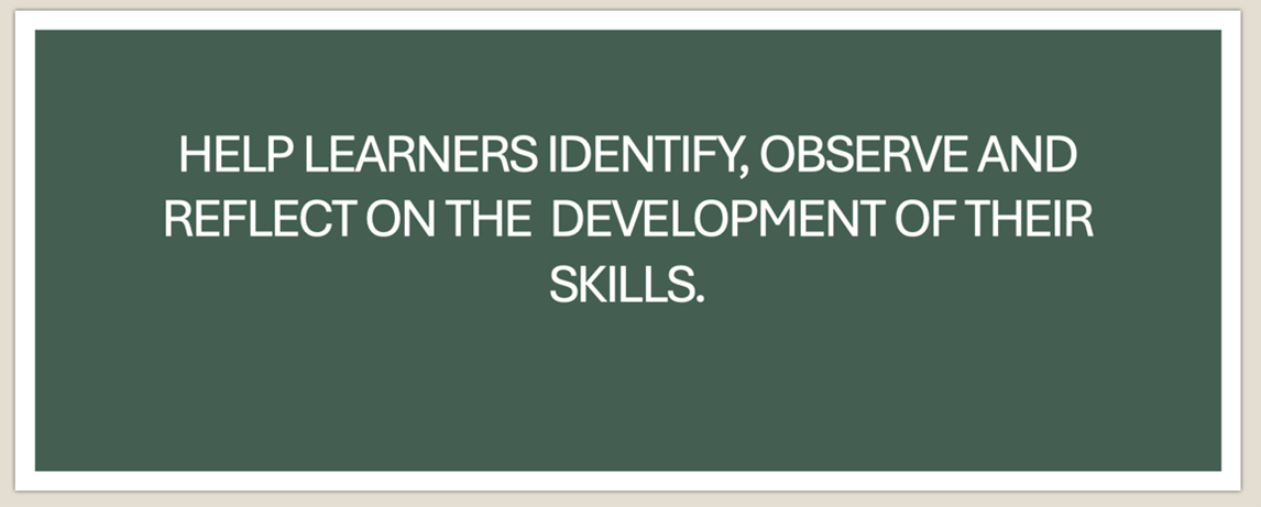 A green text box with white writing saying "help learners identify, observe and reflect on the development of their skills".